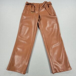LOFT Faux Leather Pants High Rise Belted Straight Leg Brown Women's Size 12